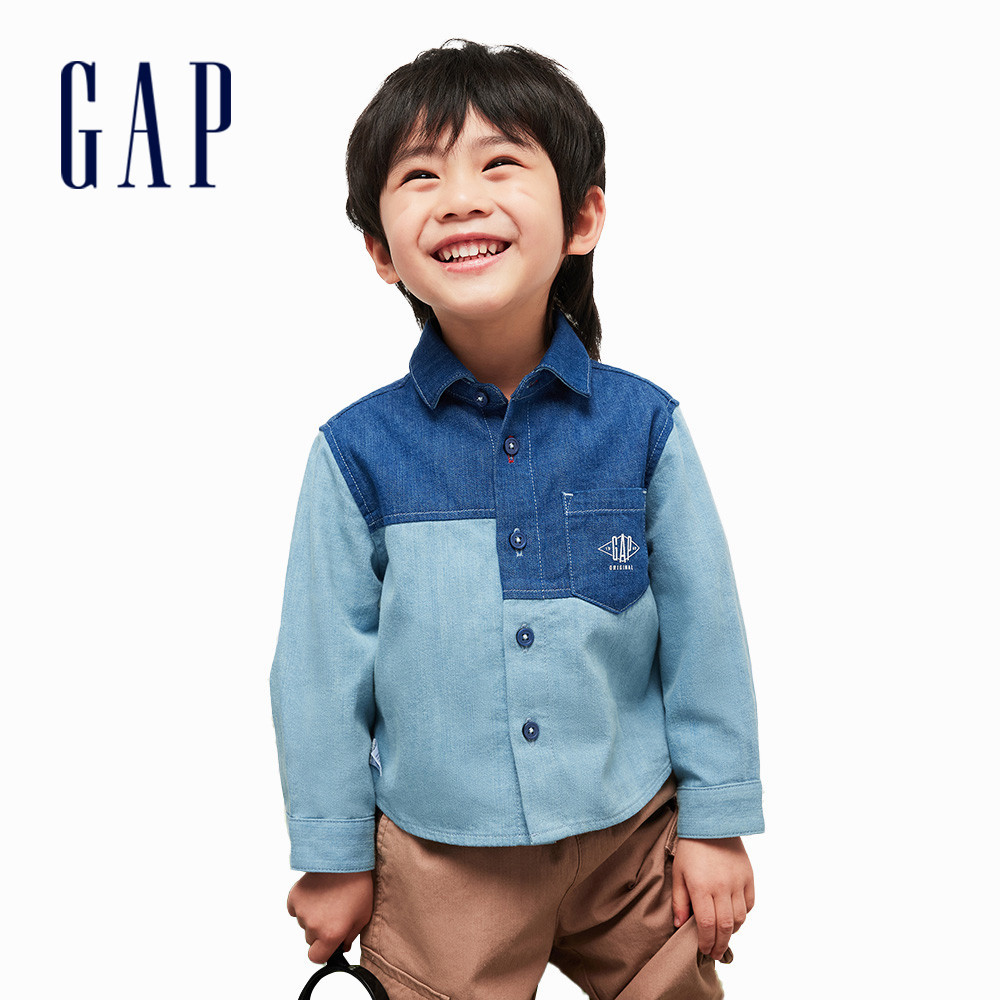 Gap 男幼童裝 Logo純棉印花翻領長袖牛仔襯衫-藍色(463201)