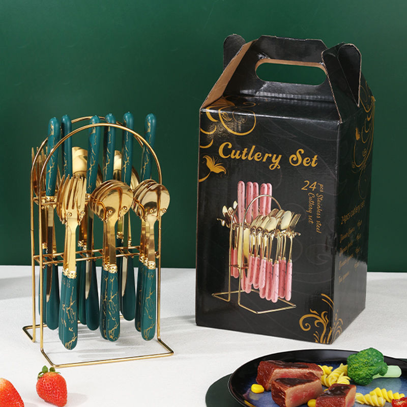 《優選》餐具創意不銹鋼大理石陶瓷西餐北歐牛排勺子禮盒24刀叉件套套裝