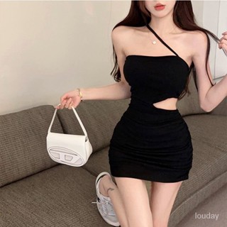 【Free Girl】辣妹性感氣質斜肩包臀裙獨特設計修身露腰顯瘦連衣裙 緊身連身裙 性感洋裝 包臀短裙 A字裙 吊帶裙