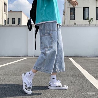 2024高品質🌈牛仔短褲男夏季港風寬鬆直筒潮牌潮流闊腿大碼七分褲工裝百搭褲子 D26T