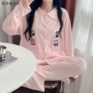 新品上市 睡衣 長袖睡衣 套裝 睡衣套裝 居傢服 日係卡通格子睡衣女春秋季新款娃娃領長袖長褲學生可愛傢居服套裝