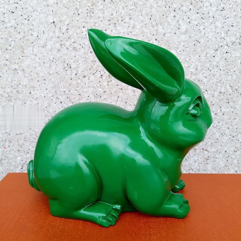 【demon】實木綠色兔子風水擺件純木質雕刻木兔卯兔開運木雕木頭生肖兔青色