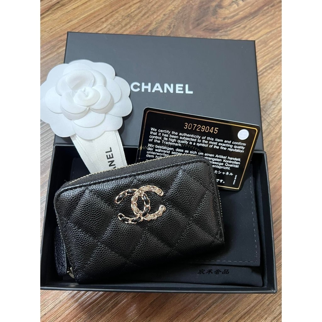 二手 CHANEL 香奈兒 經典 雙C 黑色 荔枝紋 牛皮 拉鏈 皮夾 零錢包