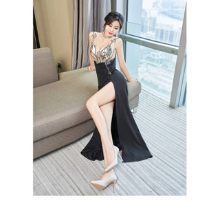 夜場女裝 性感夜店連衣裙 新款貼花名媛車模 修身顯瘦長款深V禮服 酒吧節目錶演 主持人 模特 直播  宴會晚禮服性感輕奢