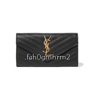 二手現貨 YSL 荔枝皮 經典V字紋 人字紋 金Logo 黑色 翻蓋長夾 免運