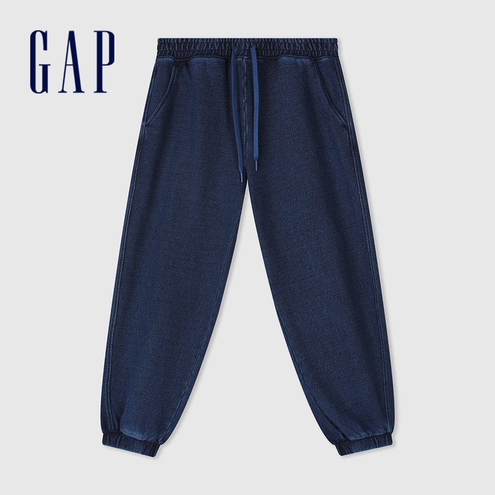 Gap 男裝 Logo純棉抽繩束口鬆緊棉褲 復古水洗系列-深藍色(884798)