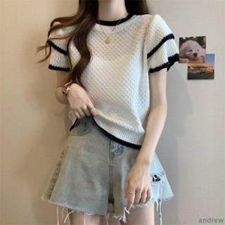 韓版性感寬鬆針織上衣夏季新款短袖針織衫女設計感小眾寬松毛衣T恤法式小香風上衣