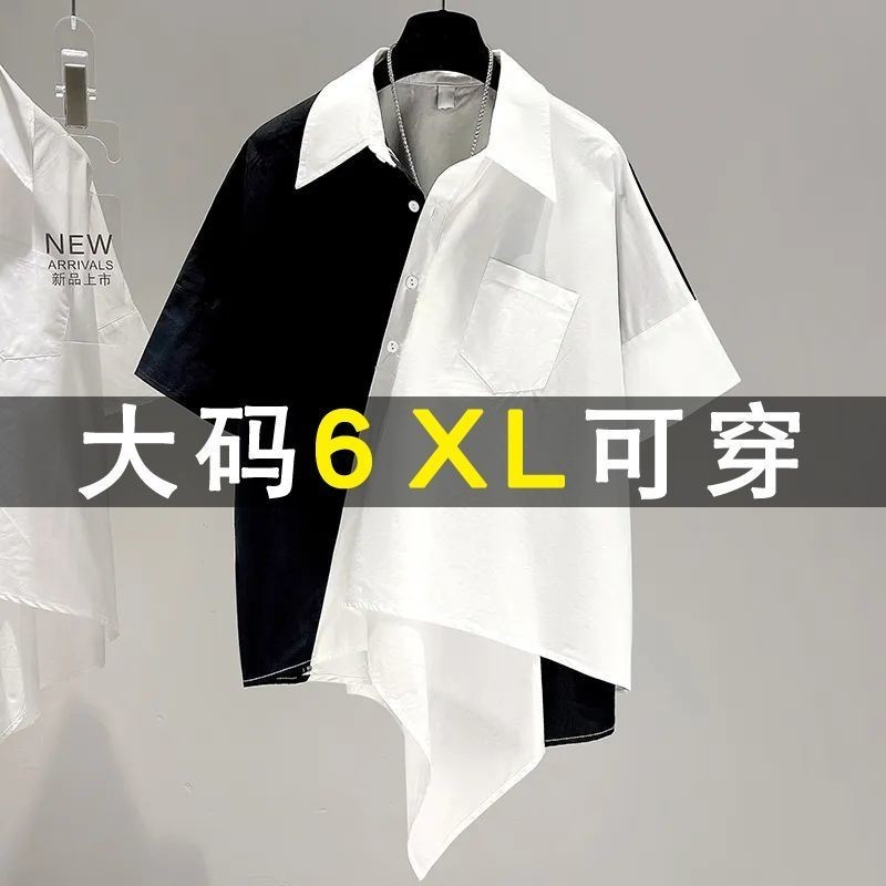 🔥Shadow🔥300斤胖MM特大碼不規則設計感夏季寬鬆韓版短袖T恤男女黑白襯衫潮 ERN8