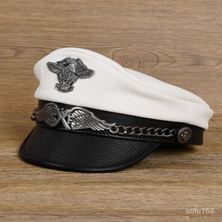 可開發票德國牛羊皮海軍帽男女機車哈雷真皮帽子英倫複古船長帽貝雷將軍帽