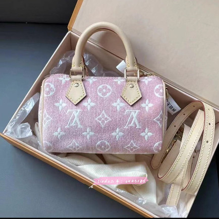 LV 路易威登 粉色單寧牛仔布 Speedy nano 老花圖案 LV手提包 LV單肩斜挎包 M81213 99新