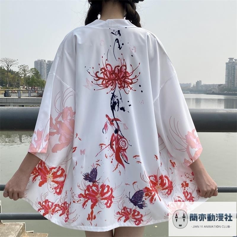【新款】日本花卉印花外罩腰帶沙灘白色和服女式浴衣外套傳統服裝外套