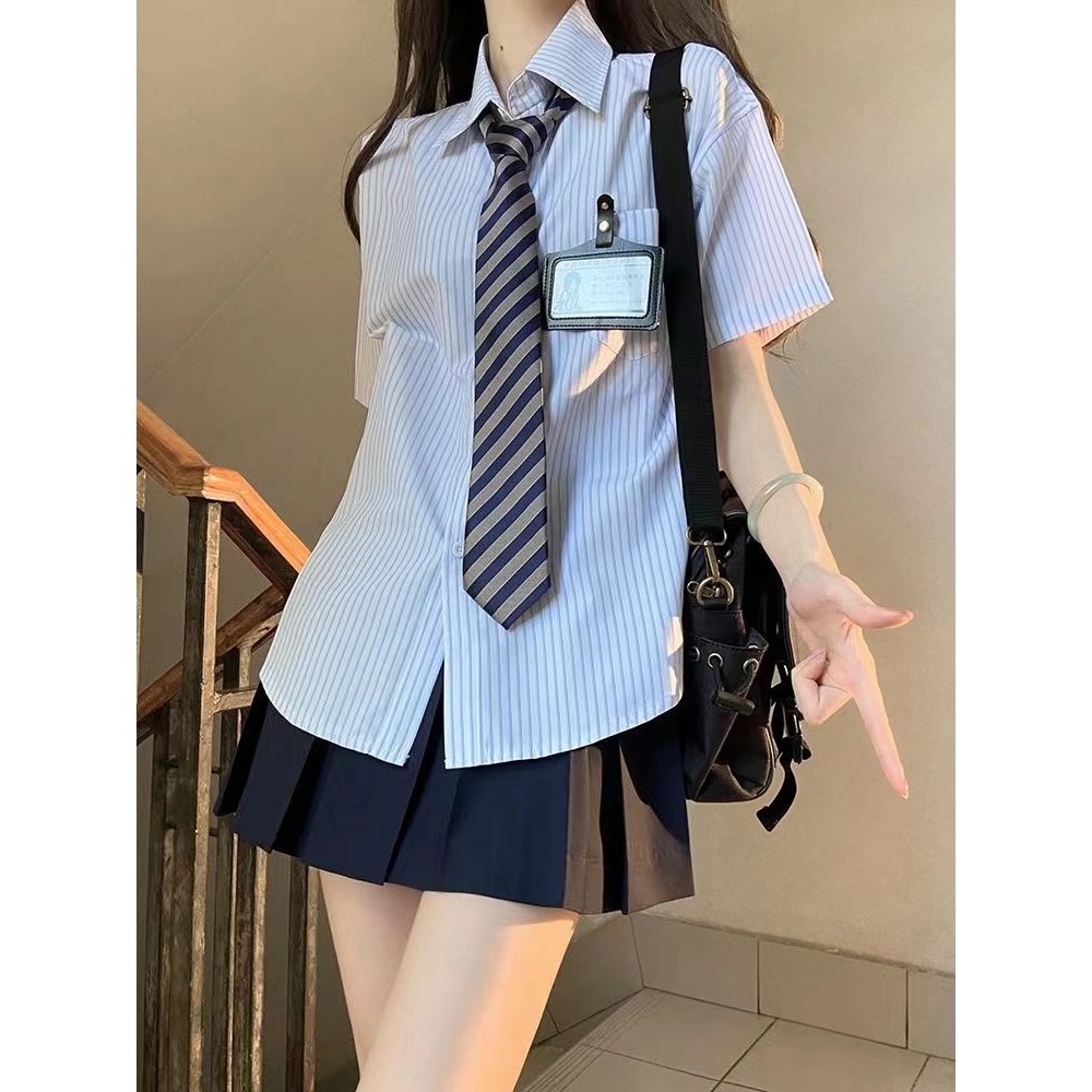 💥滿額免運🚚 國中學生制服 高中生套裝 百褶裙 襯衫 日系風校服 日系學院風短袖jk制服條條紋襯衫女2024夏季新