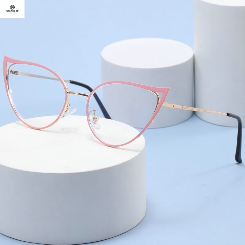 時尚貓眼眼鏡 鏤空貓眼 抗藍光眼鏡框 新款 ins女歐美時尚潮流金屬平光鏡