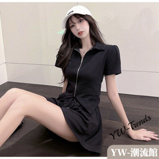【YW】夏季新款小個子套裝女 休閒時尚短褲套裝 翻領不規則短袖上衣+高腰短褲 兩件式套裝 女生套裝