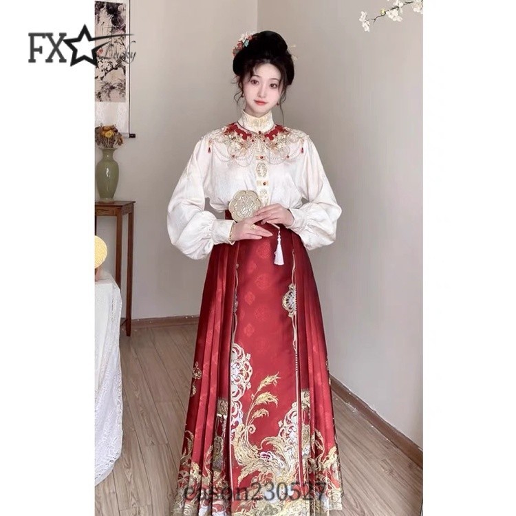 FX 印花馬面裙系列 新中式女裝 訂婚禮裙 紅色馬面裙 敬酒服 結婚服 半身裙 套裝 夏秋季婚服 中式漢服