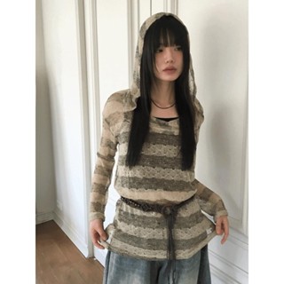 Codibook｜韓國 wonderwonder 條紋透視連帽外套針織上衣［預購］針織衫 T恤 女裝