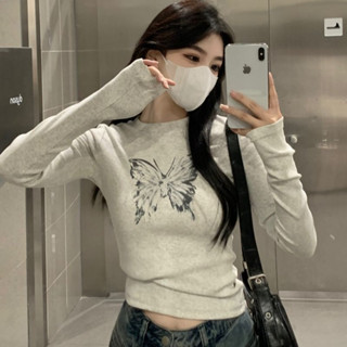 「NZN」 韓國性感女式上衣修身修身蝴蝶印花長袖 t 恤