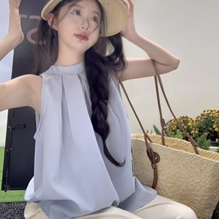 「NZN」 韓版無袖掛脖襯衫女夏季新設計感chic百褶藍色上衣