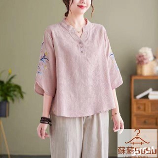蘇蘇#免運 大碼女裝 棉麻t恤 中國風 女裝 夏季 上衣 女式 繡花 小衫 中式 媽媽新款 襯衫 時尚洋氣 寬鬆 亞麻