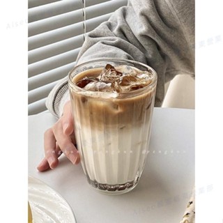 羅東免運♕玻璃杯豎條紋拿鐵咖啡杯ins冰美式咖啡館復古飲料杯 簡約時尚精緻高階玻璃杯子家用喝水杯