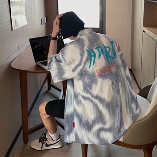 漸變色字母印花短袖襯衫 男夏季中袖薄款寬鬆oversize高階感休閒襯衫 五分袖襯衫 印花襯衫（HC04）【壹號站】