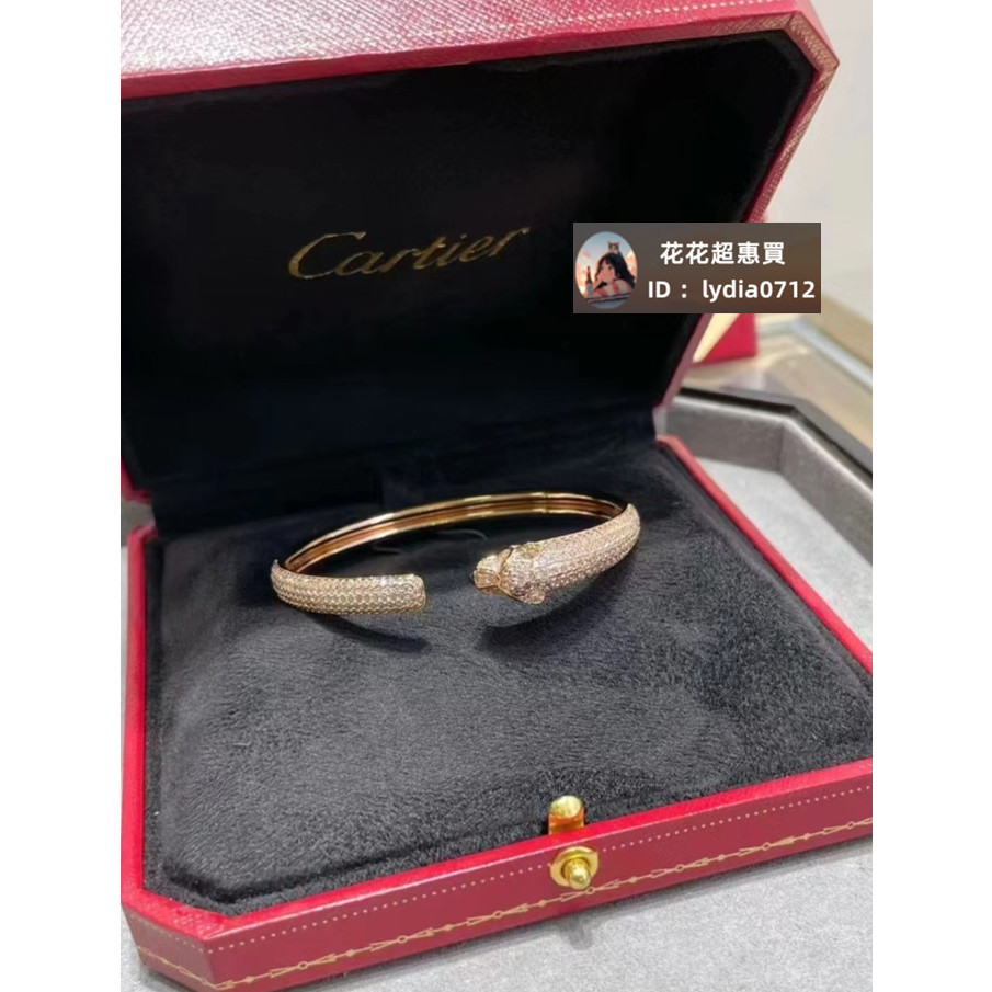 (二手品）Cartier 卡地亞 滿鑽手鐲 S925豹子系列 情侶手鐲 開口手鐲 手環 18K玫瑰金 半鑽