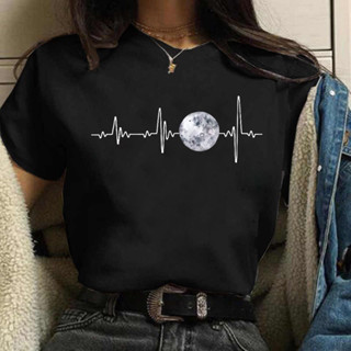 Moon Heartbeat T Shirt 個性月亮心電圖印花女士百搭圓領短袖T恤