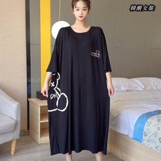 【大尺碼女裝M-5XL40-150kg】小熊大尺碼加長睡裙女2-300斤夏季薄款短袖睡衣胖mm寬鬆孕婦家居服