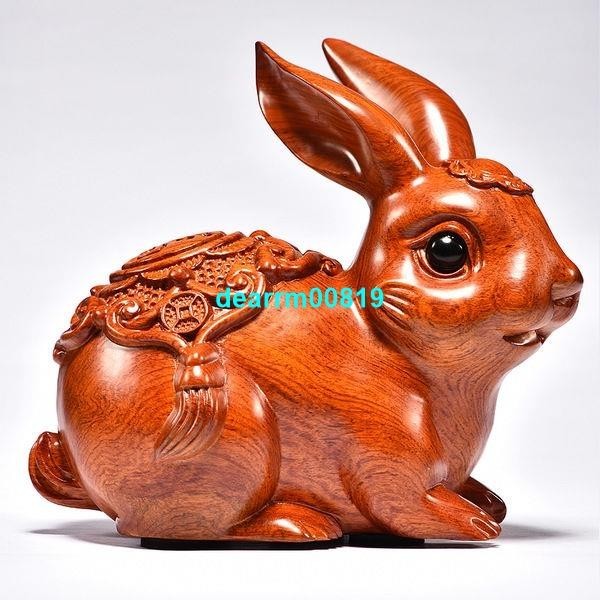 🌓佛緣閣3🌓花梨木雕刻兔子啊件黑檀木質紅實木動物十二生肖福財裝飾工藝禮品DHNM