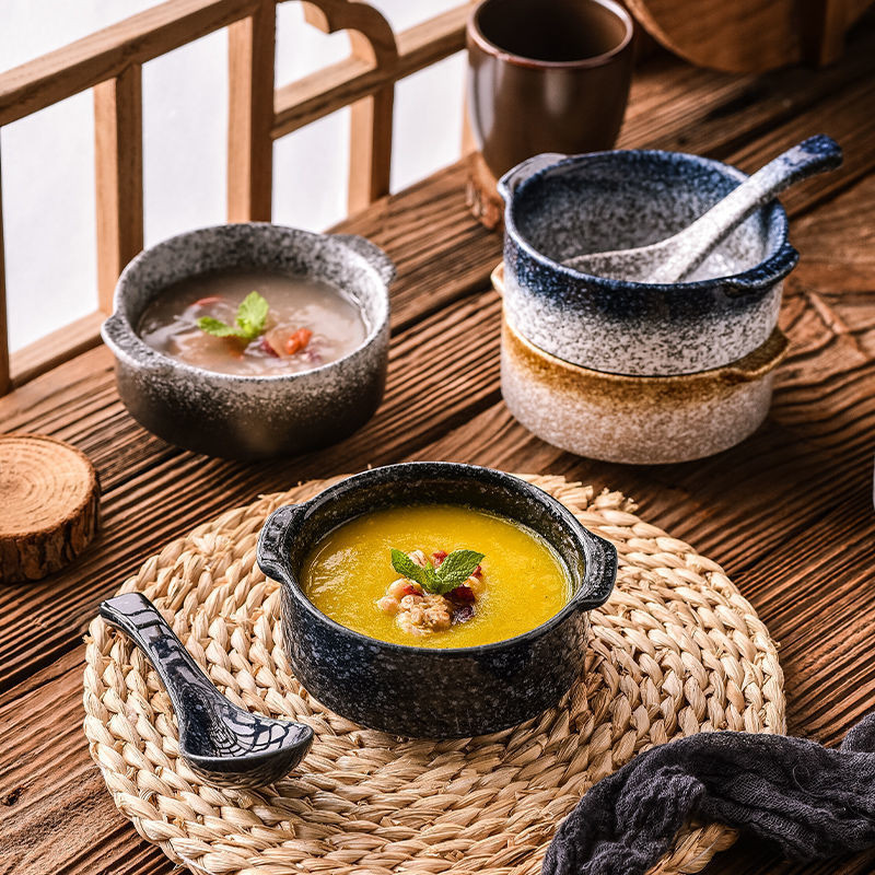 【順順裝飾】日式復古陶瓷創意雙耳家用寶寶早餐碗餐廳酒店燕窩一人份湯碗燉盅