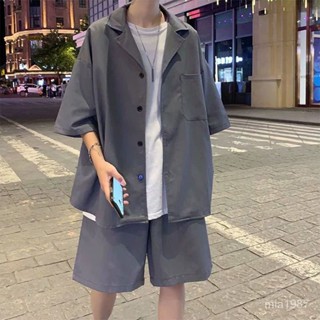 休閒短袖西裝男士西服套裝夏季寬鬆薄款五分袖外套韓版潮流兩件裝 R7SU