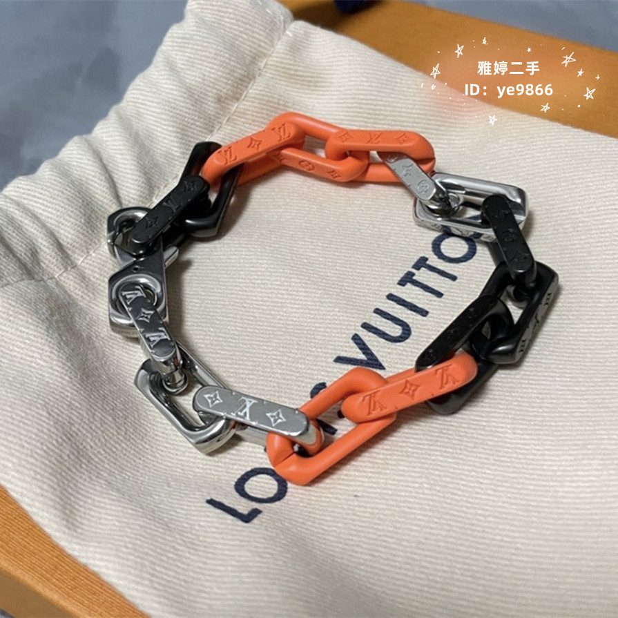 LV 路易威登 MONOGRAM CHAIN 手鏈 MP3143 三色拼接 橙色 黑色 銀色 古巴手鏈 竹節手鏈