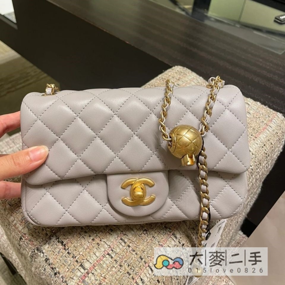 CHANEL 香奈兒 coco 20 mini 灰色 金球金鏈 菱格紋 羊皮 肩背包 斜背包 AS1787