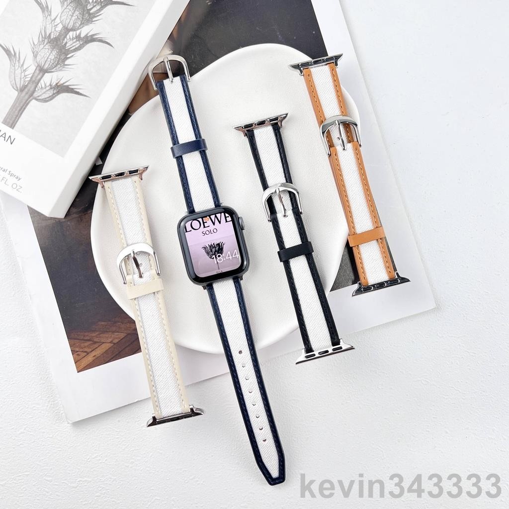 台灣出貨 馬蹄扣帆布拼皮革錶帶 適用Apple Watch 蘋果手錶錶帶 iwatch S8/S7/SE/6/5/4/3