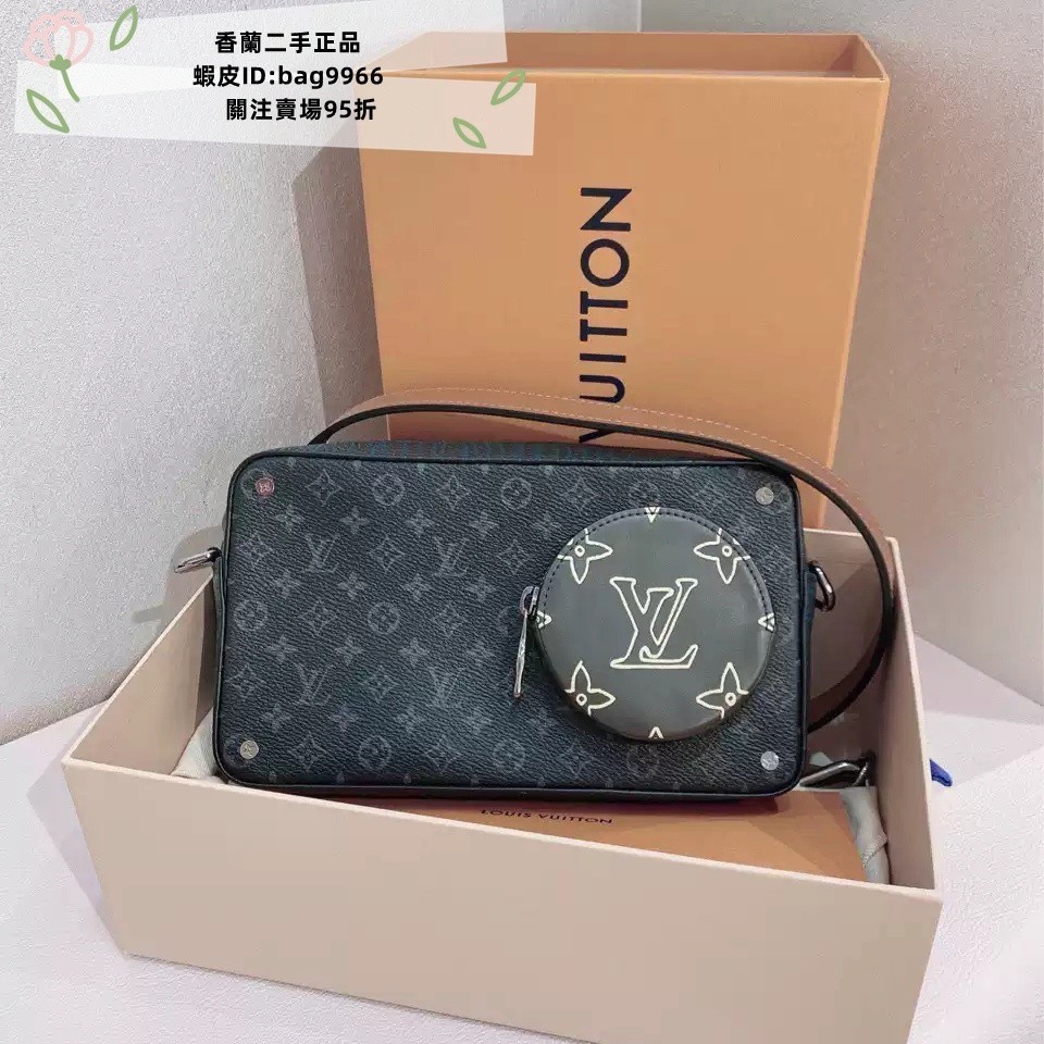 愛莉二手/LV VoIga On Strap 相機包 M69688 金典老花 帆布拼皮 黑色斜挎包 男款單肩包相機包