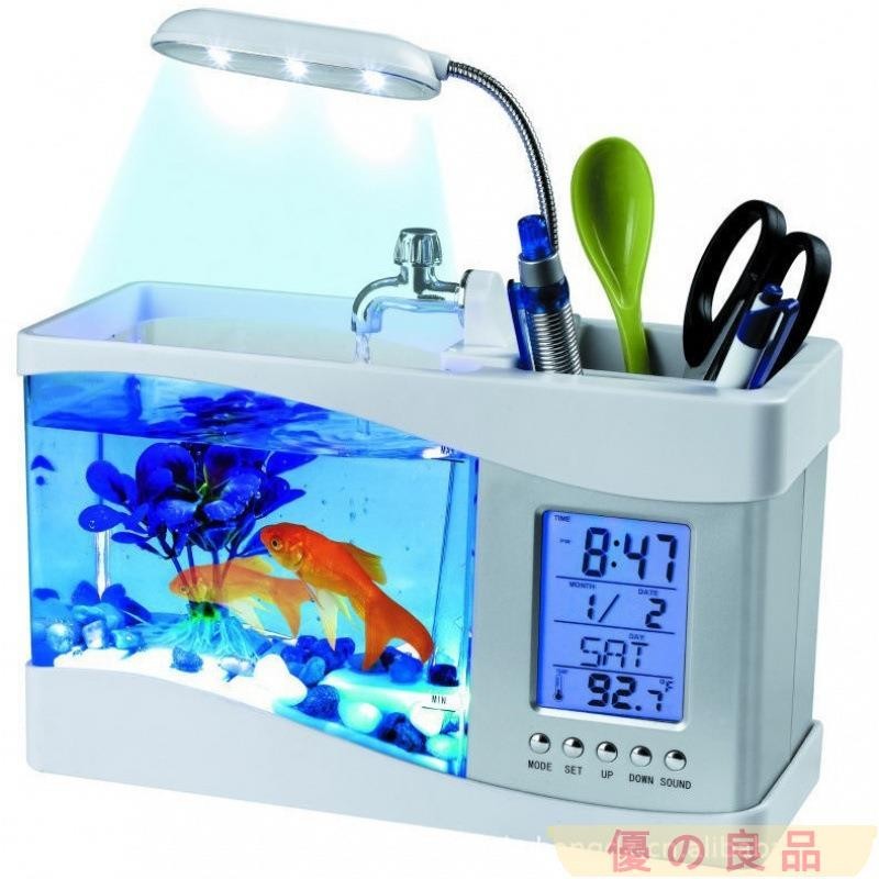 台灣出貨 魚缸造景 迷你魚缸燈桌面小型水族箱USB家用加濕器大霧靜音臥室魚缸鬧鐘燈