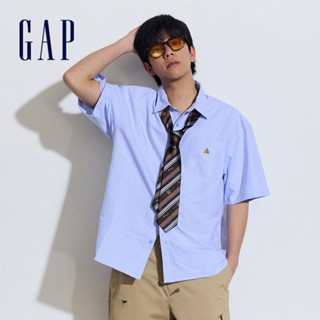 Gap 男裝 純棉小熊刺繡翻領短袖襯衫-藍色(890877)