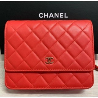 卓梵二手 CHANEL 新 黑色/紅色 荔枝 牛皮 金鍊 17cm 加大 WOC 發財包 A84310