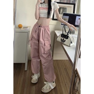 工裝褲 休閒長褲 直筒褲 束腳褲 闊腿褲 運動褲女 美式復古 縮口褲 顯瘦長褲 寬鬆長褲 粉色工裝褲
