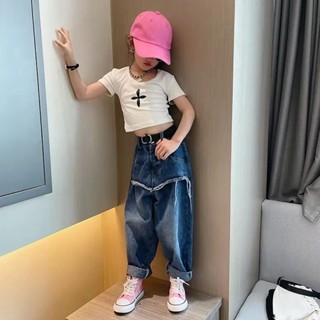 童裝 中大童 兒童 休閒長褲 女童褲子 女童夏裝新款酷颯寬鬆薄款牛仔褲2024推薦洋氣中大童街舞長褲秋季褲子