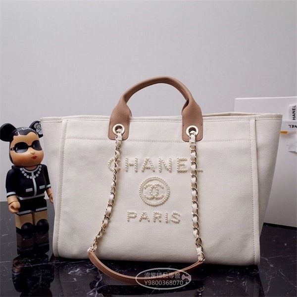 二手精品 CHANEL 香奈兒 珍珠 沙灘包 米白色 帆布 手提包 購物包 單肩包 托特包 A66941 優惠價