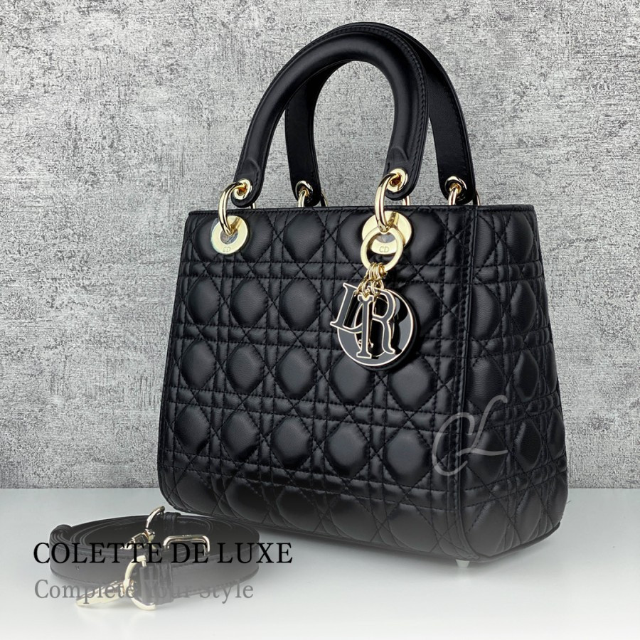 二手精品 DIOR 迪奧 Lady Dior Medium 五格 黑色藤格紋 戴妃包 手提包 斜背包