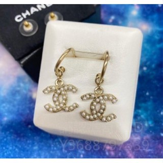 二手精品 Chanel 雙C 水鑽 山茶花 大珍珠 垂吊 針式 耳環