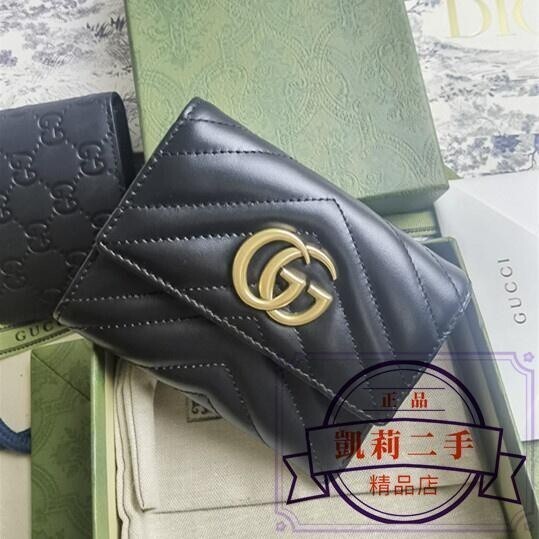 二手 GUCCI 古馳 GG Marmont Wallet 黑色絎縫三折短夾 錢包 皮夾 卡夾 手拿包 474802