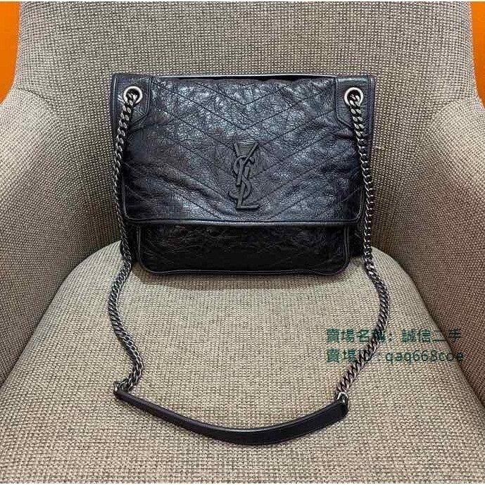 二手 SAINT LAURENT 聖羅蘭 YSL NiKi 中號 黑色 油蠟皮 鏈帶包 郵差包 肩背包 28CM