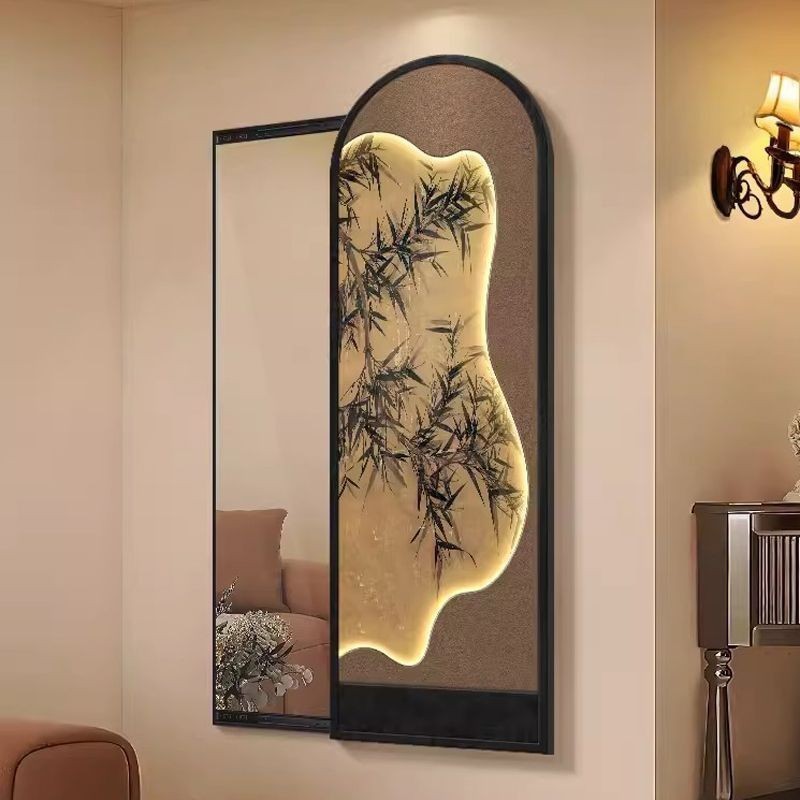 中古風玄關裝飾畫法式中國風隱藏式穿衣鏡壁畫臥室隱形推拉全身鏡