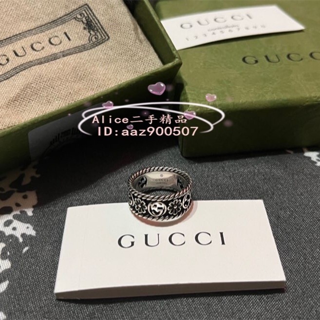 免運 現貨二手 GUCCI 古馳 Interlocking 花朵雙G 銀戒指 復古戒指 情侶戒指 577263