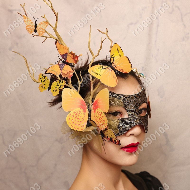 町💖目💖傢🎄歐美夸張威尼斯黃色蝴蝶面具樹枝蒙面歌王萬圣節狂歡假面舞會派對🌈rr0690103