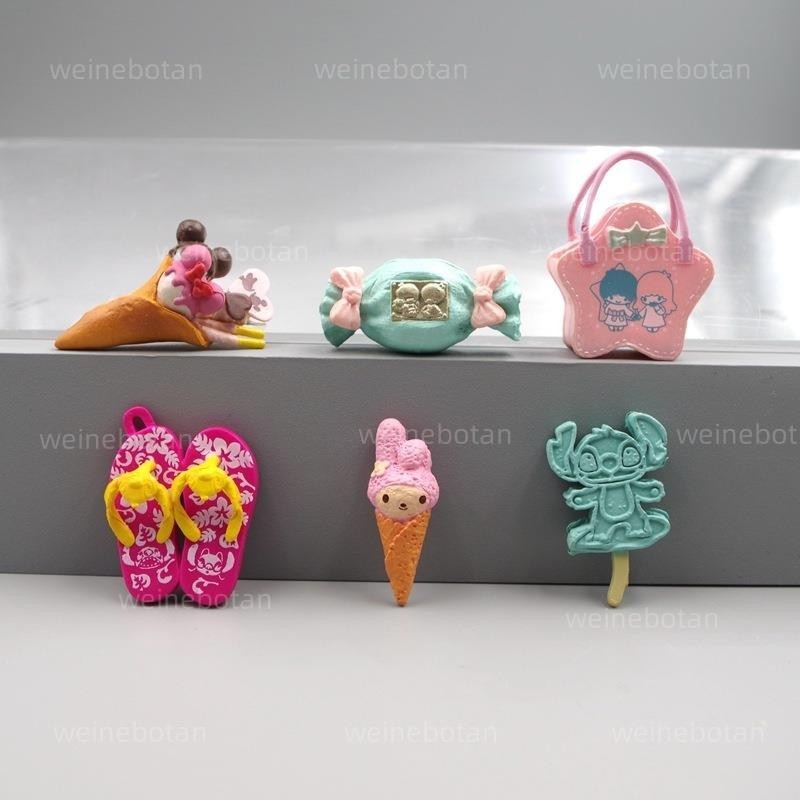 台灣熱賣 6款整套 動漫周邊 美樂蒂 史迪仔 雙子星 米老鼠 米奇 糖果 包包 拖鞋 Q版公仔人偶模型玩具手辦擺件娃娃禮