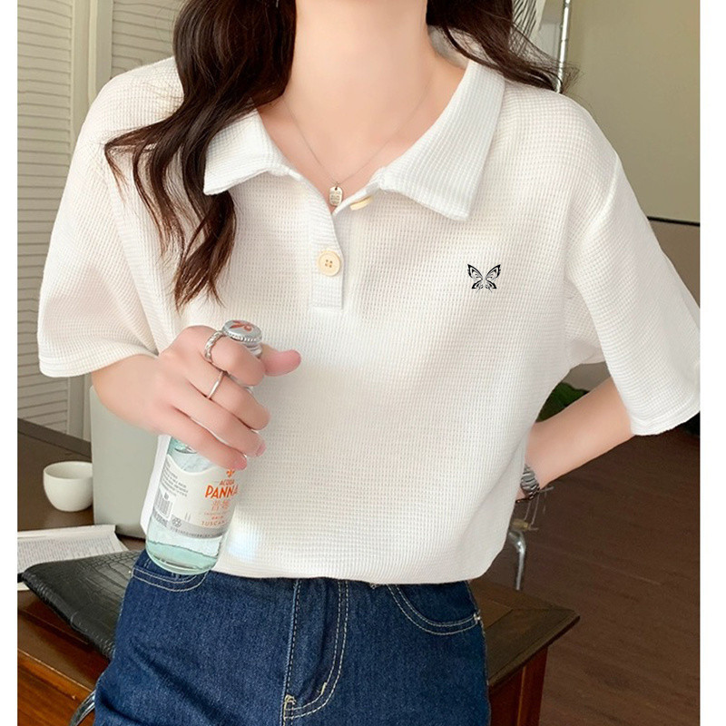 短版上衣 夏季正肩polo衫白色短袖T恤女士韓版立領半袖上衣